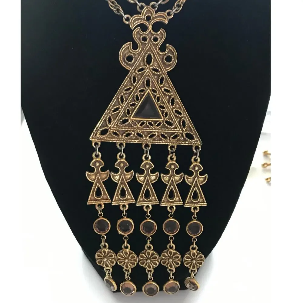 Vintage Goldette Gold Tone Triangle Filigree Pendant Egyptian Victorian Revival